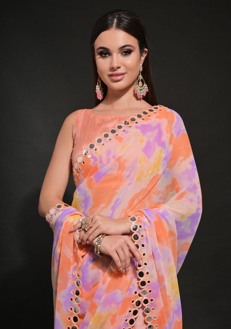 Orange Mirror Embroidered Georgette Saree Set - Indya