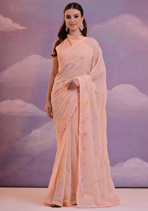 Light Peach Sequin Embroidered Georgette Saree Set