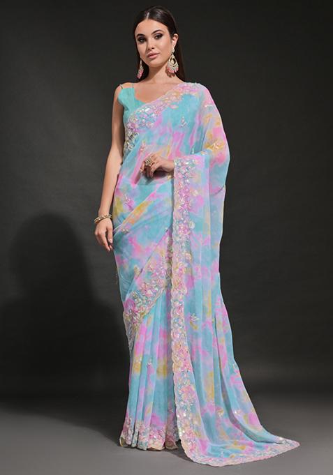 Sky Blue Sequin Embroidered Georgette Saree Set