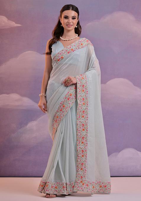 Sky Blue Sequin Embroidered Soft Georgette Saree Set