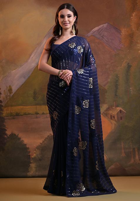 Navy Blue Sequin Embroidered Georgette Saree Set