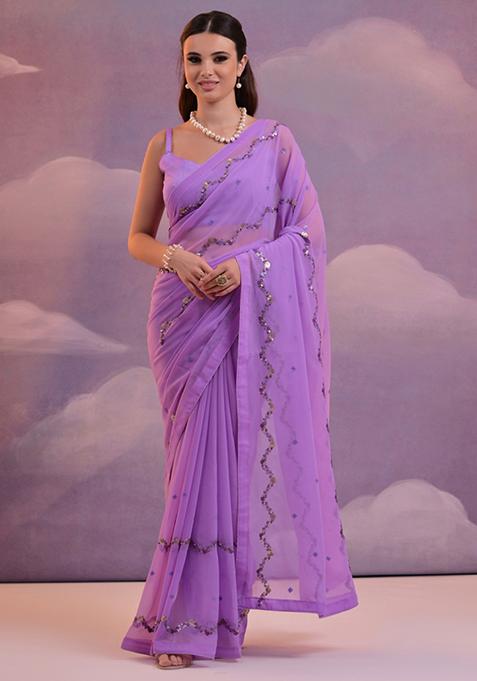 Lavender Sequin Embroidered Georgette Saree Set