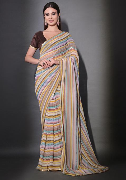 Multicolor Lehariya Print Embroidered Georgette Saree Set