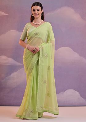 Light Green Sequin Embroidered Georgette Saree Set