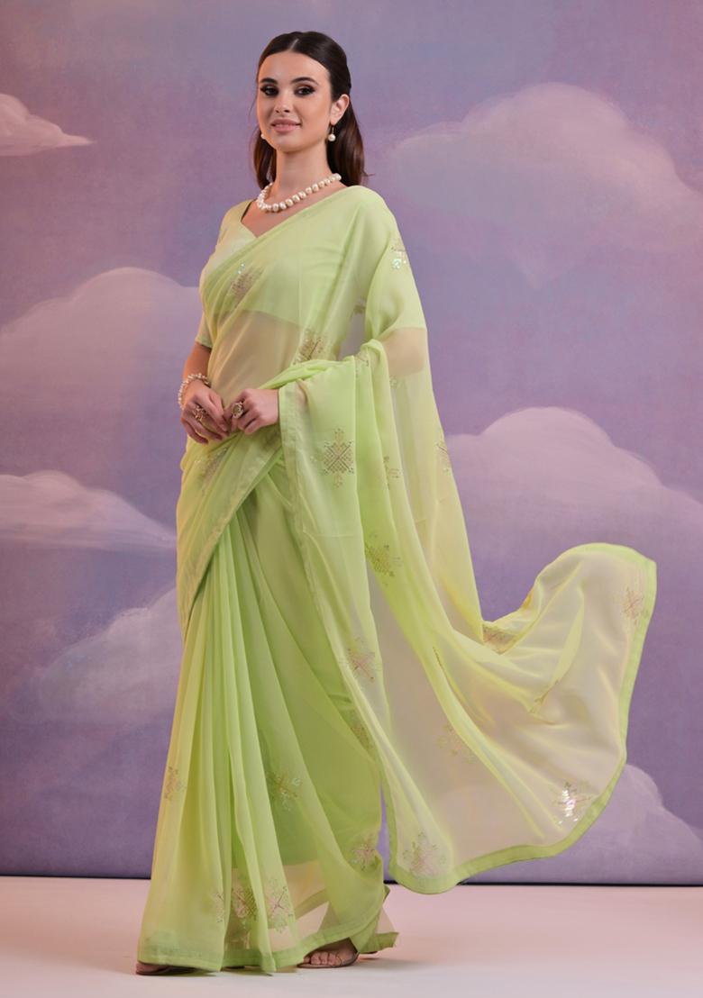 Light Green Sequin Embroidered Georgette Saree Set