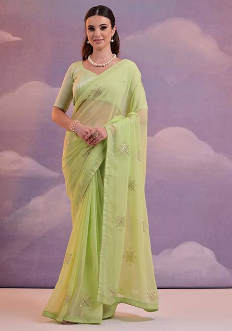 Light Green Sequin Embroidered Georgette Saree Set