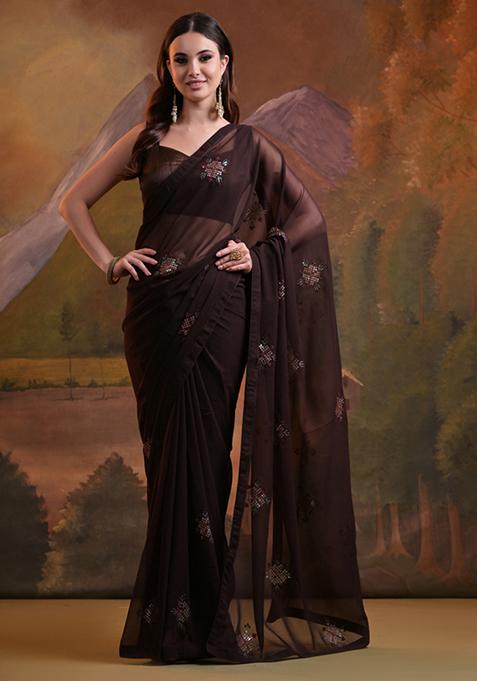 Brown Sequin Embroidered Georgette Saree Set