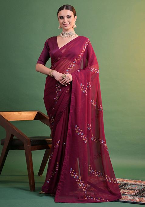 Wine Sequin Embroidered Georgette Saree Set