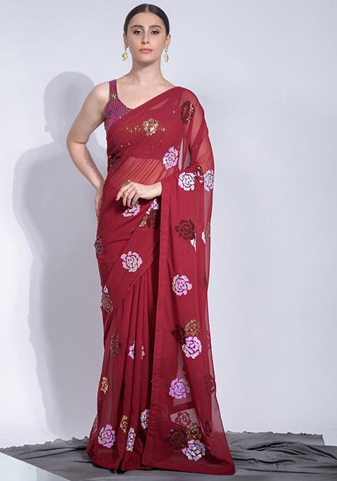 Red Floral Sequin Embroidered Georgette Saree Set