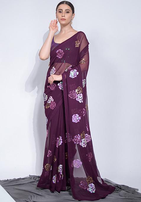 Wine Floral Sequin Embroidered Georgette Saree Set