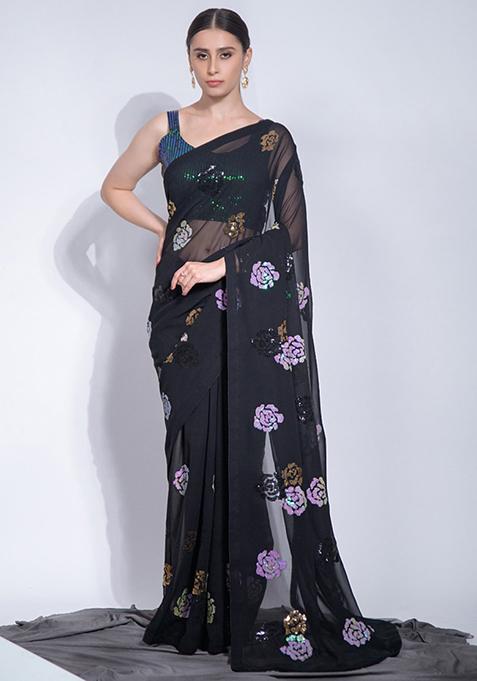 Black Floral Sequin Embroidered Georgette Saree Set