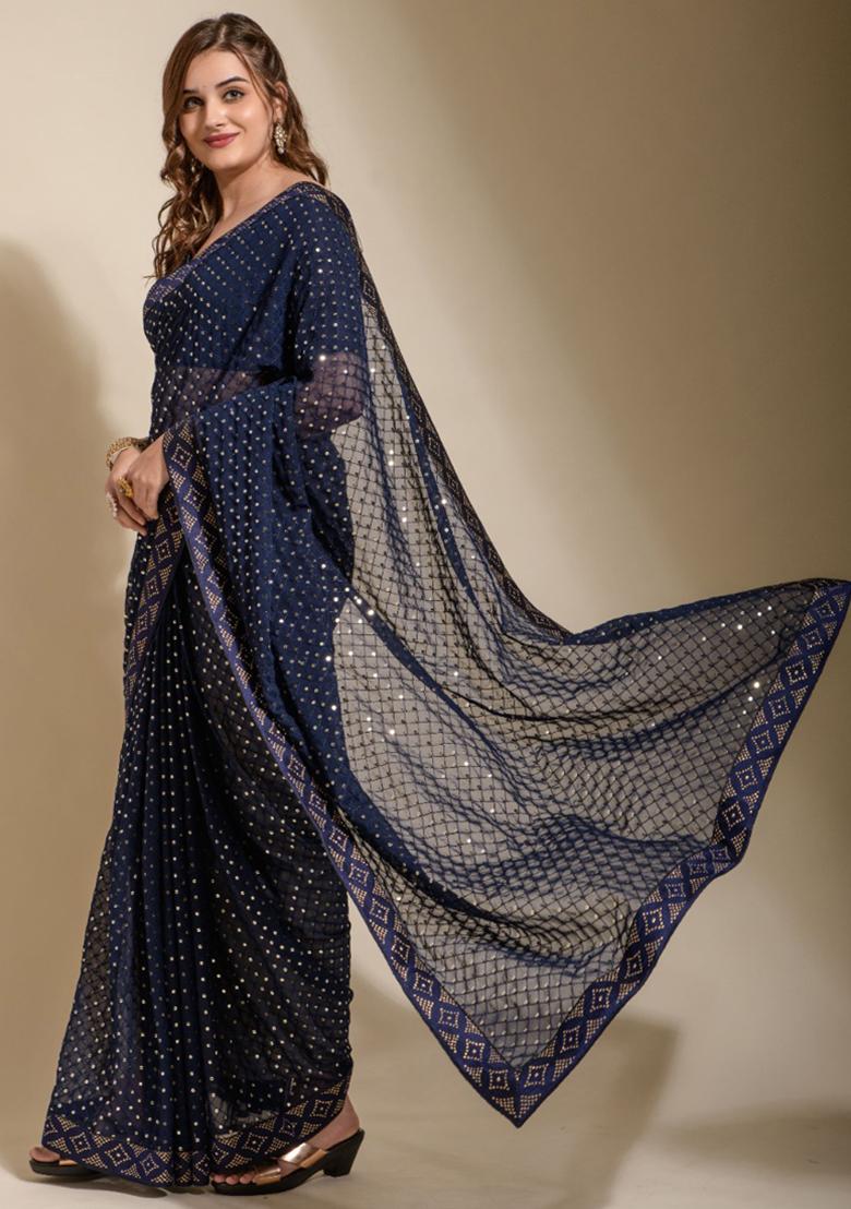 Blue Embroidered Georgette Saree Set