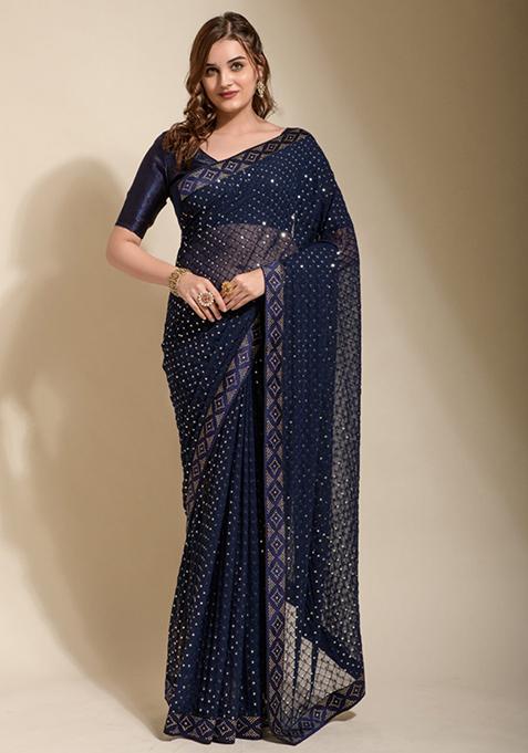 Blue Embroidered Georgette Saree Set