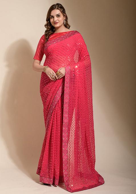 Peach Embroidered Georgette Saree Set