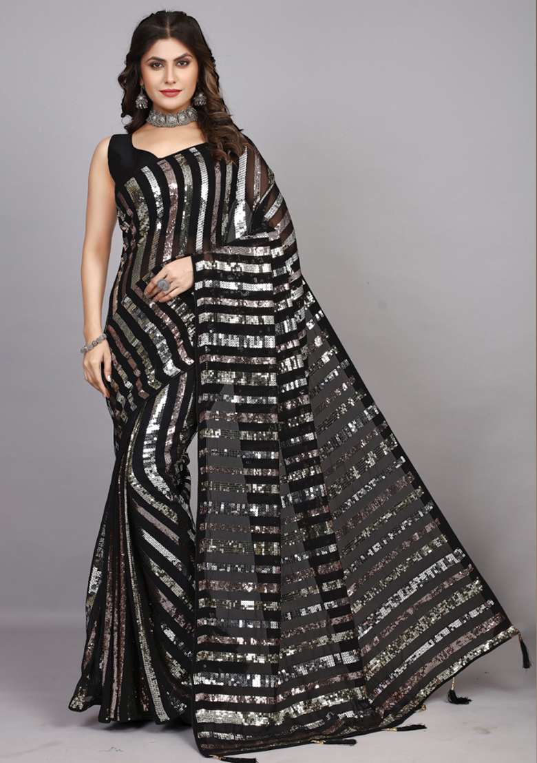 Black Georgette Saree Set with Embroidered for Diwali | Wedding & Festive Wear - Indya