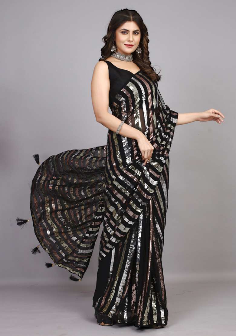 Black Georgette Saree Set with Embroidered for Diwali | Wedding & Festive Wear - Indya