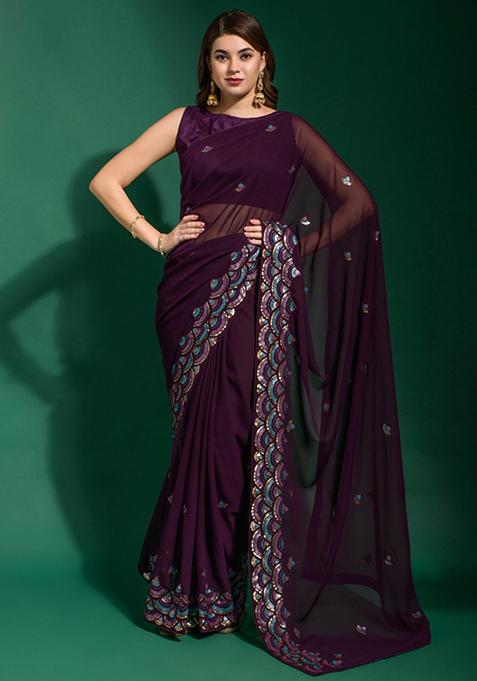 Purple Embroidered Georgette Saree Set