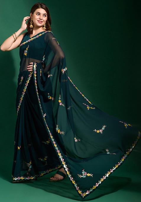 Teal Sequin Embroidered Georgette Saree Set