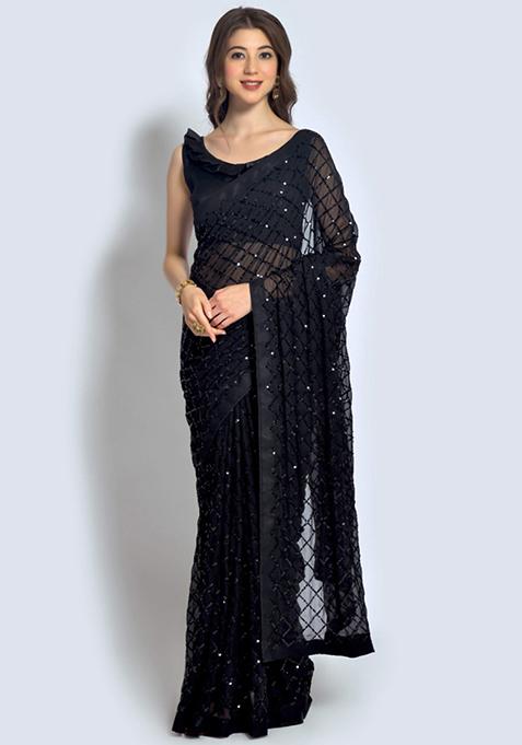 Black Sequin Embroidered Georgette Saree Set