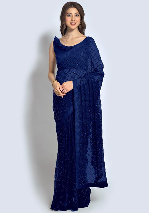 Blue Sequin Embroidered Georgette Saree Set