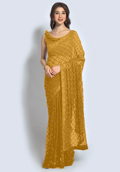 Yellow Sequin Embroidered Georgette Saree Set