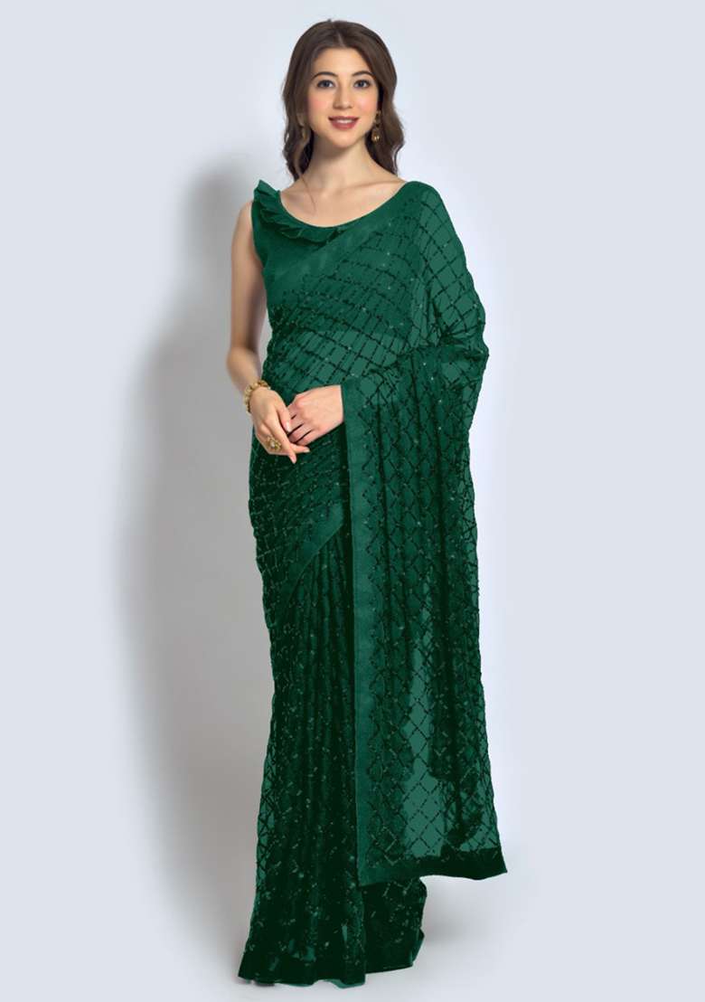 Green Sequin Embroidered Georgette Saree Set for Diwali and Festive Wear - Indya