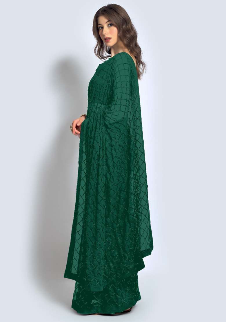 Green Sequin Embroidered Georgette Saree Set for Diwali and Festive Wear - Indya