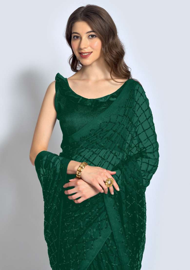Green Sequin Embroidered Georgette Saree Set for Diwali and Festive Wear - Indya