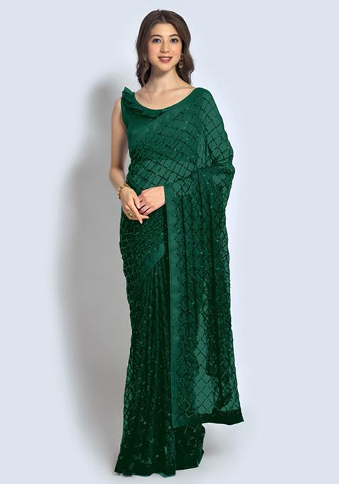 Green Sequin Embroidered Georgette Saree Set