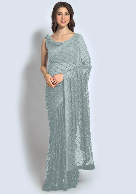 Grey Sequin Embroidered Georgette Saree Set