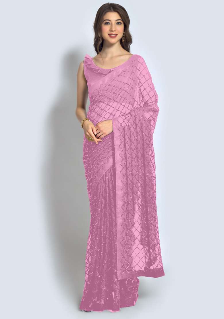 Pink Sequin Embroidered Georgette Saree Set for Diwali and Festive Wear - Indya