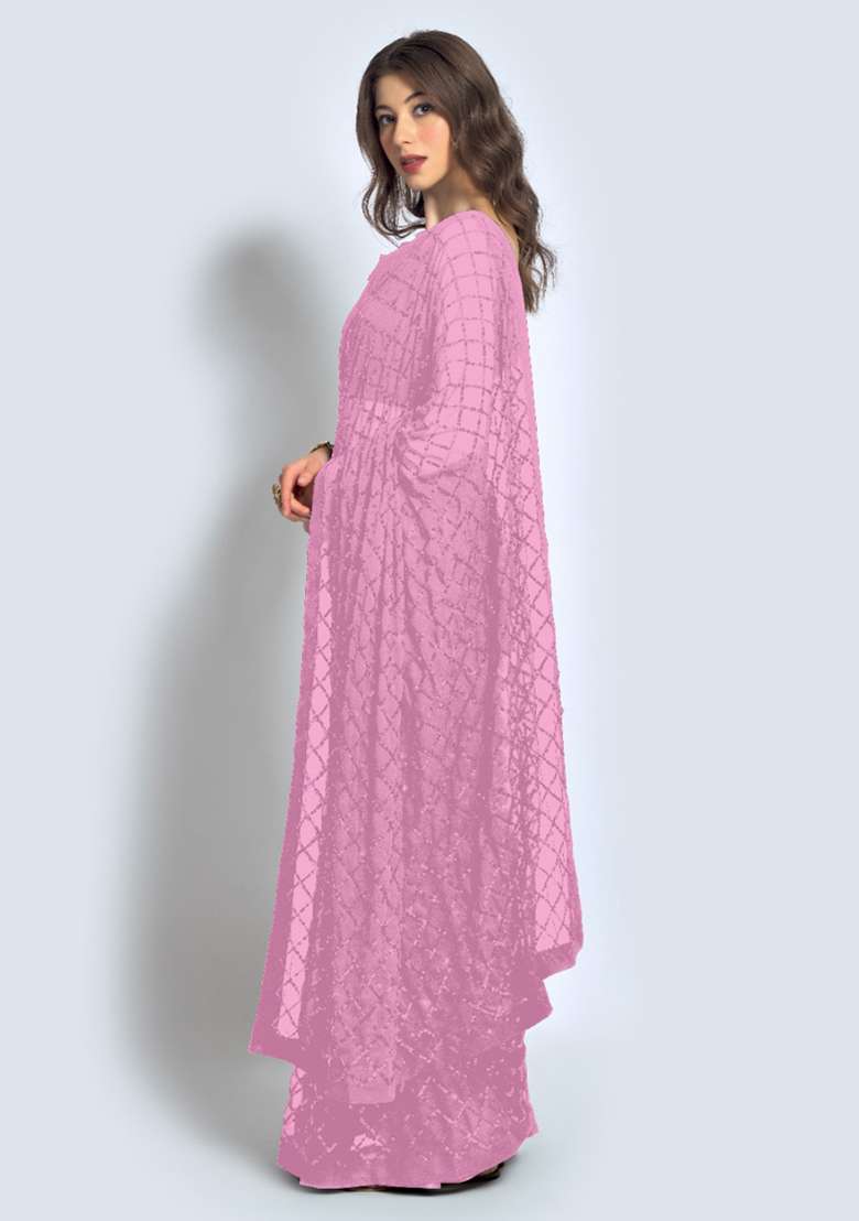 Pink Sequin Embroidered Georgette Saree Set for Diwali and Festive Wear - Indya