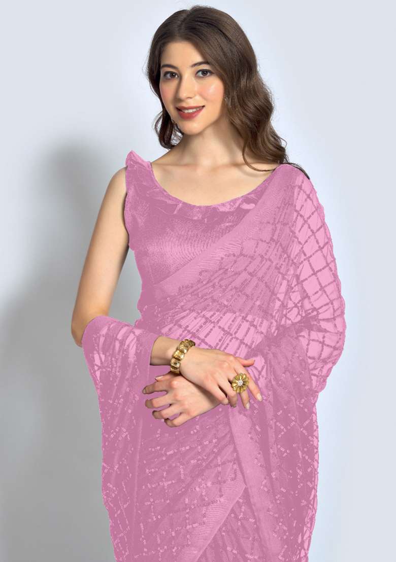 Pink Sequin Embroidered Georgette Saree Set for Diwali and Festive Wear - Indya