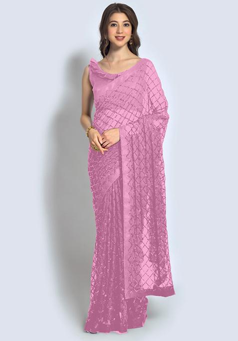 Pink Sequin Embroidered Georgette Saree Set