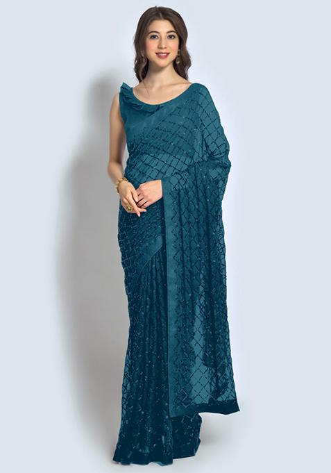 Aqua Sequin Embroidered Georgette Saree Set