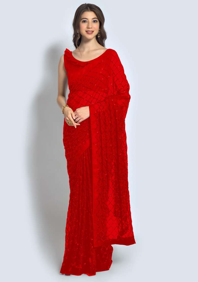 Red Sequin Embroidered Georgette Saree Set - Indya