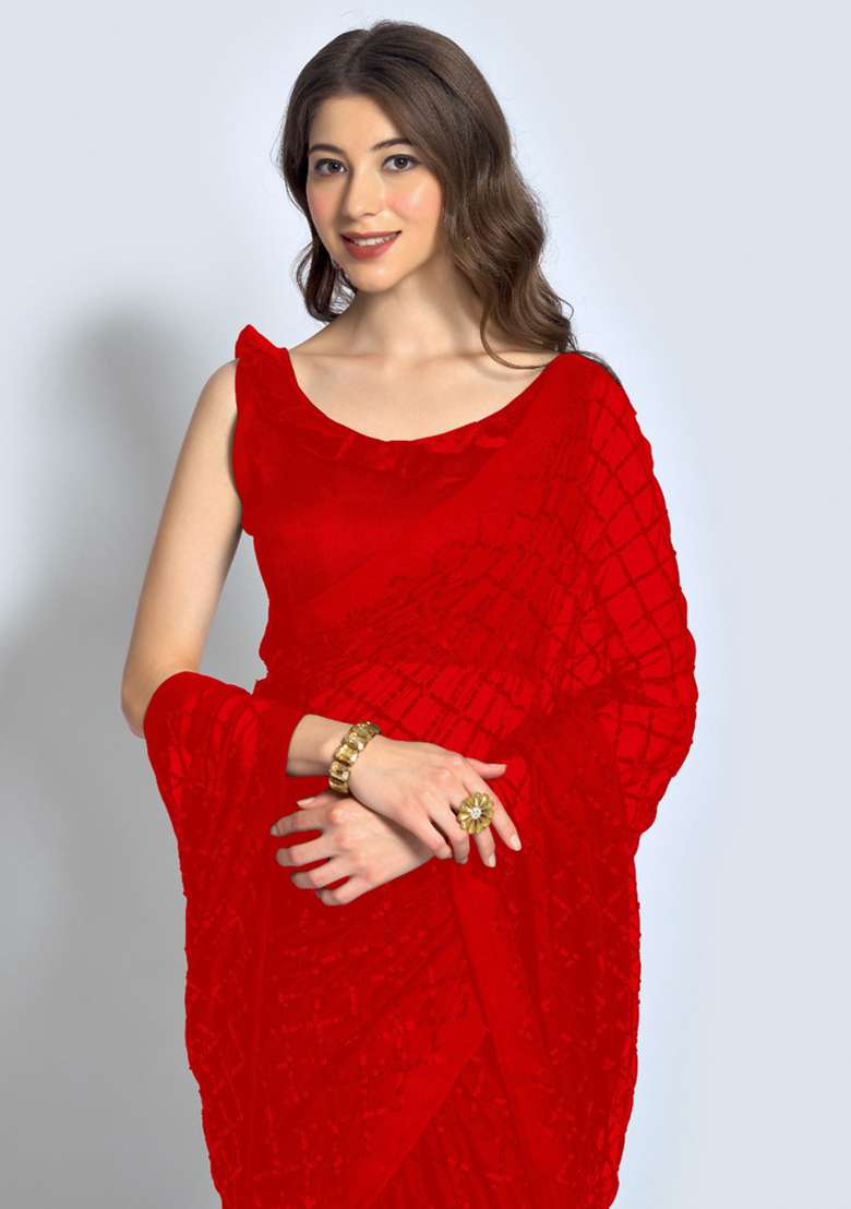 Red Sequin Embroidered Georgette Saree Set - Indya