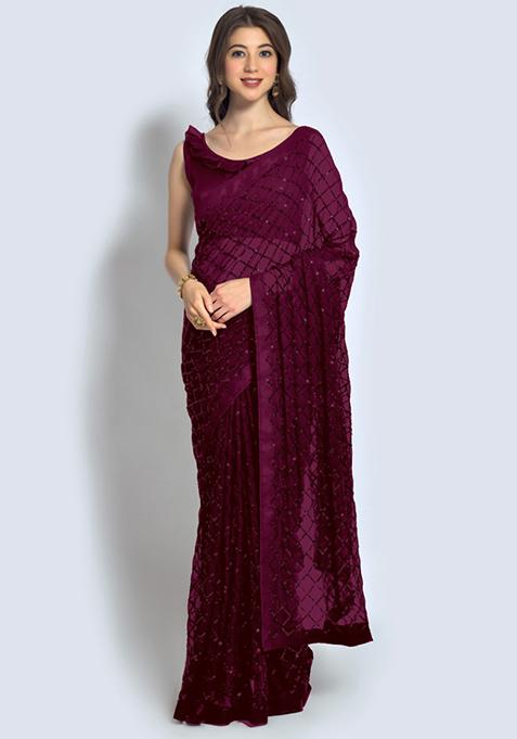 Wine Sequin Embroidered Georgette Saree Set