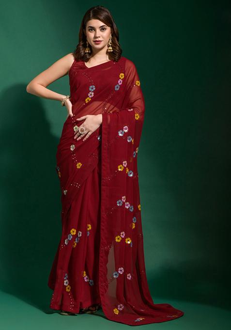 Maroon Sequin Embroidered Georgette Saree Set