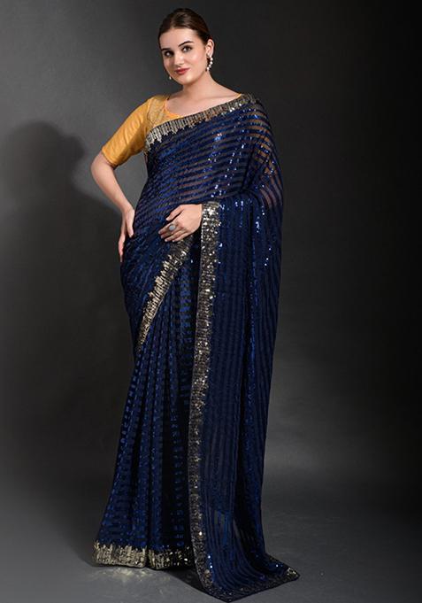 Blue Sequin Embroidered Georgette Saree Set