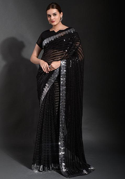 Black Sequin Embroidered Georgette Saree Set