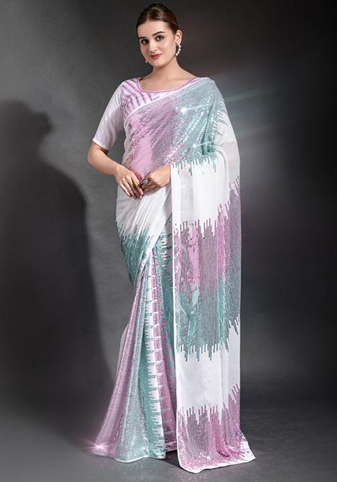 Off White Sequin Embroidered Georgette Saree Set