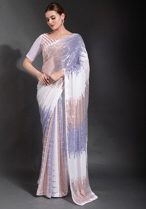 Off White Sequin Embroidered Georgette Saree Set