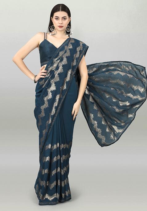 Aqua Blue Sequin Embroidered Georgette Saree Set