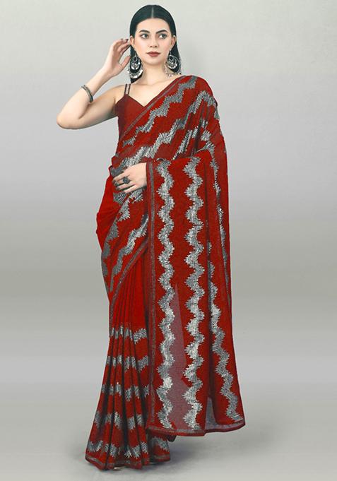 Red Sequin Embroidered Georgette Saree Set