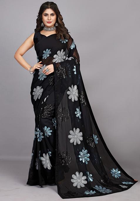 Black Embroidered Georgette Saree Set