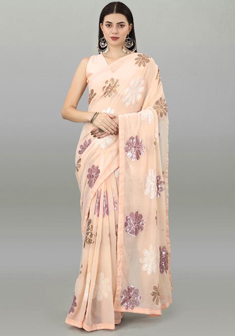 Peach Embroidered Georgette Saree Set