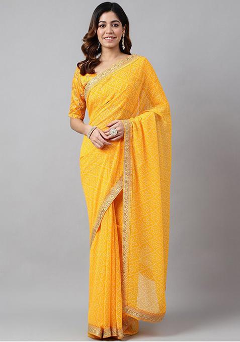 Yellow Bandhani Print Soft Georgette Saree Set