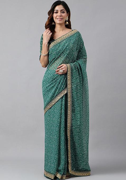 Green Bandhani Print Soft Georgette Saree Set