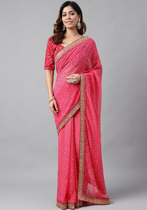 Pink Bandhani Print Soft Georgette Saree Set